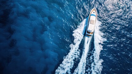 Aerial view of a speedboat navigating through deep blue ocean waters, leaving a white wake behind. Bright sunlight reflects off the water surface.