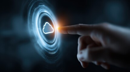 A hand touches a glowing cloud icon, surrounded by a ring of light, representing digital storage