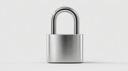 Naklejka premium A Close up of a shiny silver padlock with a brushed metal texture on a plain white studio background.