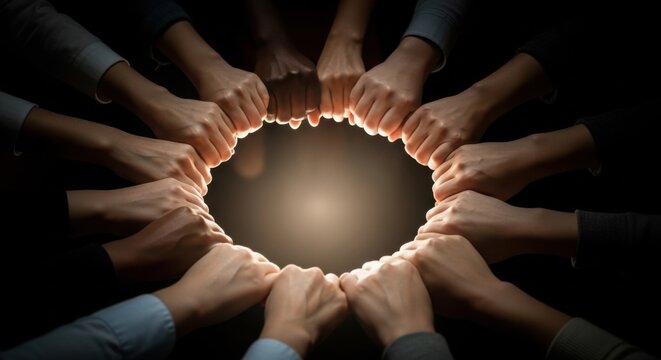 Unity and new year’s eve celebration with a circle of joined hands - symbol of togetherness