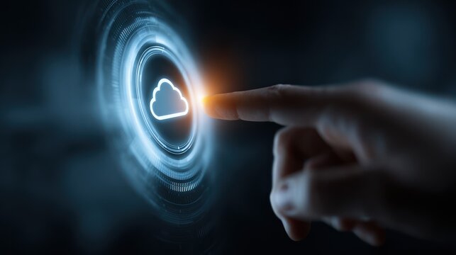 A hand touches a glowing cloud icon, surrounded by a ring of light, representing digital storage