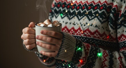 Cozy ugly sweater day celebration with hot cocoa - perfect design for seasonal greeting cards and winter decor