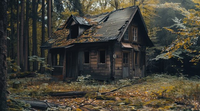 Old wooden cabin in dense forest with autumn foliage and fallen branches on ground, surrounded by tall trees and mossy rocks.