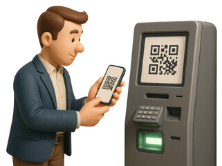 Cartoon man holding smartphone with QR code scanning payment terminal mobile isolated on a transparent background