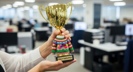 Obraz premium Celebrating ugly sweater day with a trophy in the office for a fun holiday gathering