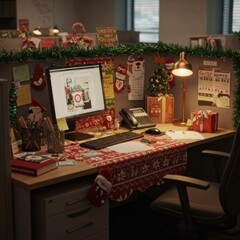 Obraz premium Festive office decor for ugly sweater day celebration with christmas ornaments and cheerful desk setup
