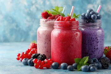 Vibrant Trio of Fresh Berry Smoothies in Mason Jars Against a Cool Blue Textured Wall.