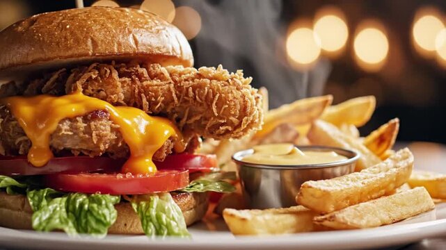 A delicious crispy fried chicken sandwich with melted cheddar cheese and a side of golden french fries, served on a white plate with a blurred background animated 4k video