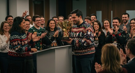 Celebrating ugly sweater day with trophy award ceremony in festive office gathering