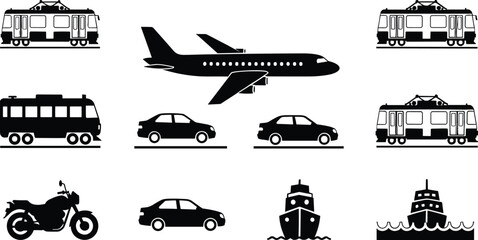 Transportation icon set vector, airplane, car, train, bus, motorcycle, ship, travel and vehicle silhouettes collection, black transport pictogram illustration design