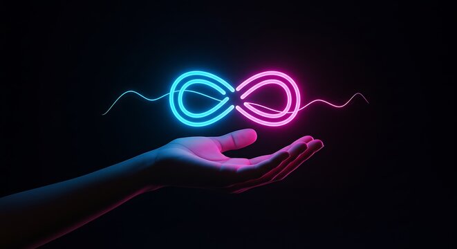 Closeup of a hand reaching out to a bright neon infinity sign, glowing with pink and cyan light, symbolizing everlasting continuity