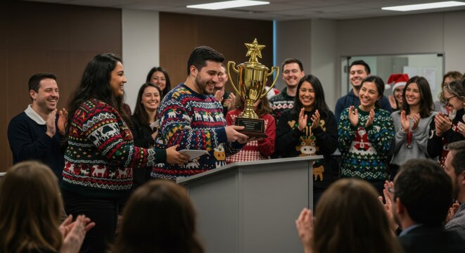 Festive ugly sweater day celebration at office gathering with award ceremony
