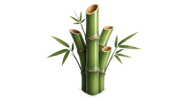 A vertical arrangement of vibrant green bamboo stalks with delicate leaves and tied with twine on a white background