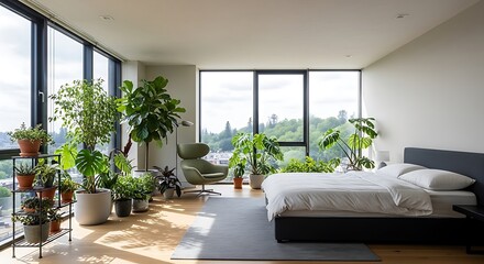 Modern Bedroom with Abundant Greenery and Panoramic City Views.