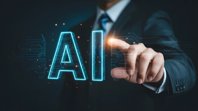 Sophisticated business professional activating innovative AI technology with a touch, symbolizing futuristic progress and cutting edge solutions for business growth - Powered by Adobe