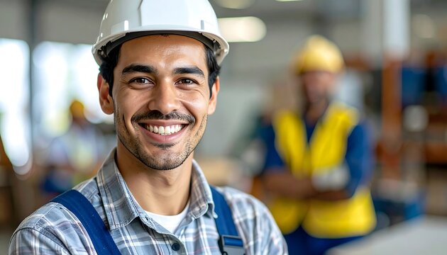 Smiling factory worker in hard hat with confident expression.