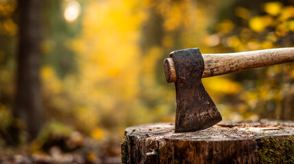 Rusty old axe embedded in a tree stump with blurred yellow autumn forest in the background during a sunny day outdoors in nature