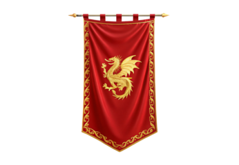 Red medieval banner with golden dragon emblem and decorative border, isolated on a transparent background