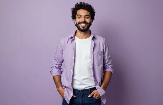 Smiling middle eastern man isolated on purple studio background. Arabic guy looks at camera. Handsome model posing in casual dress. Portrait of cheerful male person in modern style stands straight