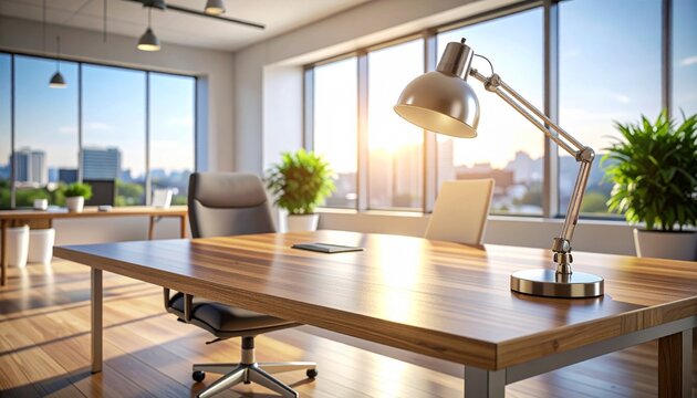 Bright and modern executive office space with a sleek wooden desk and metallic lamp, bathed in warm natural sunlight, offering a clear city view through expansive windows