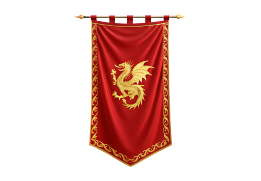 Red medieval banner with golden dragon emblem and decorative border, isolated on a transparent background