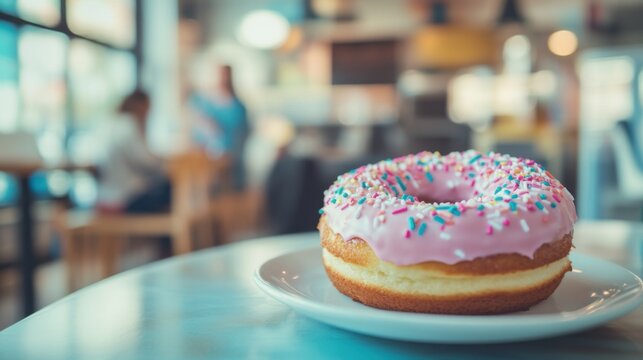 Delicious donut with sprinkles on a white plate in a cafe setting