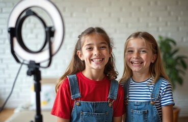 Two happy young girls record video blog at home with ring light tripod. They smile and laugh while creating content for their channel, sharing joy with online viewers.