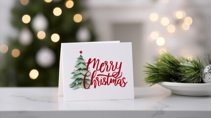 A charming white greeting card showcases a lovely Christmas tree design alongside the words Merry Christmas. It sits gracefully on a marble surface, surrounded by twinkling lights and greenery