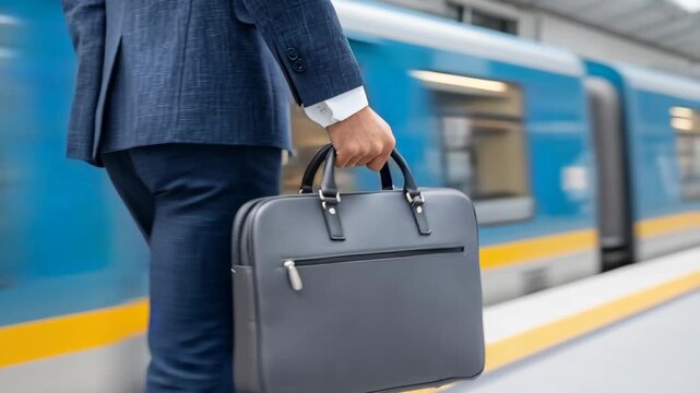 A businessman in a blue suit walks along a train platform, carrying a dark grey briefcase in his right hand. A blurry blue train moves in the background.