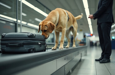 Alert drug detection dog inspects luggage on airport conveyor belt. Trained canine searches suitcases for contraband. Security personnel monitor operation in busy travel hub. Image represents border