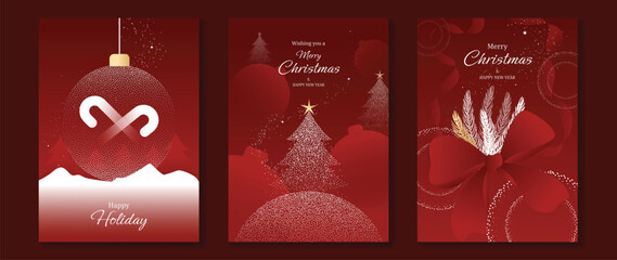 Fototapeta na wymiar Christmas and Happy New Year greeting card vector set — red and gold baubles with ribbon accents and festive sparkles, elegant theme for cards, invitations and packaging.