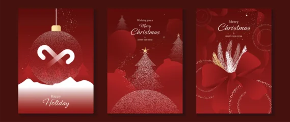 Fototapeten Pony Christmas and Happy New Year greeting card vector set — red and gold baubles with ribbon accents and festive sparkles, elegant theme for cards, invitations and packaging.  © TWINS DESIGN STUDIO