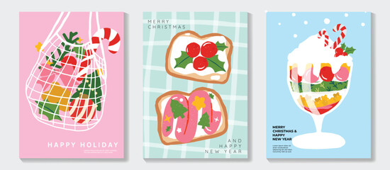 Fototapeta premium Christmas and Happy New Year greeting card vector set — colorful desserts, cookies, ornaments and playful icons, cute holiday theme for kids’ cards, packaging and stickers.