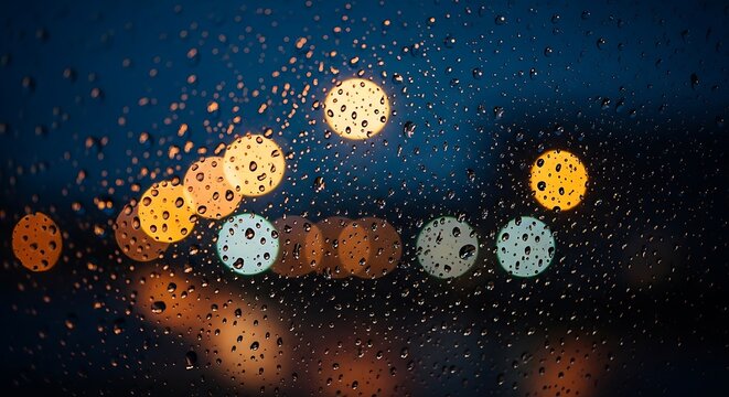Abstract blurred lights with raindrops on glass at night