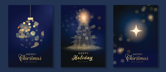 Obraz na płótnie Canvas Christmas and Happy New Year greeting card vector set — navy blue and gold sparkling tree silhouettes with glowing lights, luxury holiday theme for premium cards and posters.