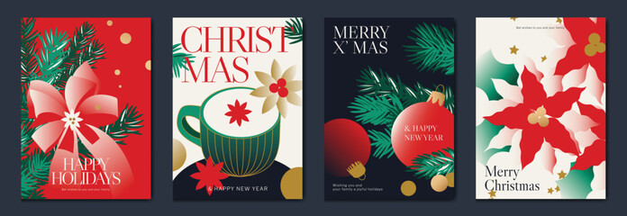 Christmas and Happy New Year greeting card vector set — red, green and white poinsettias with winter foliage and bold shapes, modern floral theme for cards, invitations and prints.