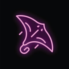 Bright pink neon sign is glowing on a black background, showing a stingray swimming with motion lines around it