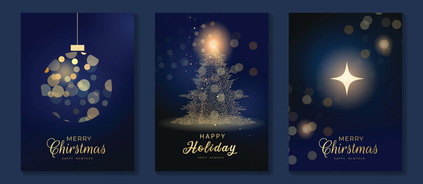 Christmas and Happy New Year greeting card vector set — navy blue and gold sparkling tree silhouettes with glowing lights, luxury holiday theme for premium cards and posters.