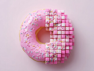 Pink Glazed Donut Pixelated Mosaic Pattern Digital Art Concept 3D Render