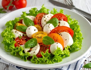 Fresh, vibrant salad with mozzarella, tomatoes, and basil on a white plate