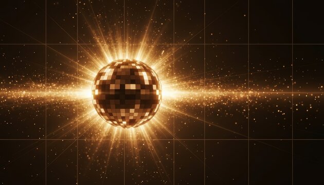 Disco ball reflecting light, emitting bright golden rays and creating a sparkling stream of particles against a dark, grid patterned background, representing celebration and retro party fun