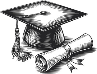 Vintage graduation cap and diploma illustration, academic success concept, education achievement drawing, university degree sketch, scholarly accomplishment artwork vector design