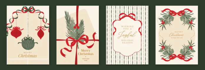 Selbstklebende Fototapeten Sportgeschäft Christmas and Happy New Year greeting card vector set — cream and red classic Christmas frames with pine leaves and ribbons, festive theme for cards, posters and packaging.  © TWINS DESIGN STUDIO