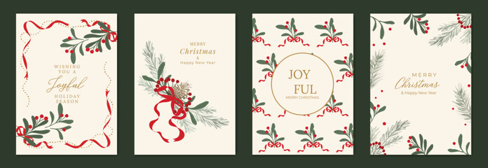 Christmas and Happy New Year greeting card vector set — cream and red botanical Christmas frames with ribbons and leaves, festive theme for cards, posters and packaging.