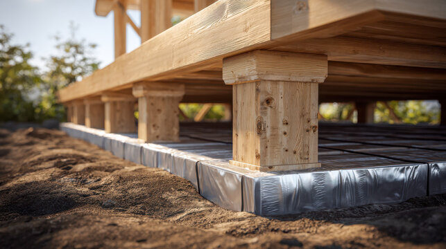 Wooden platform foundation with wrapped plastic insulation on soil ground for outdoor decking or cabin construction in natural sunlight setting