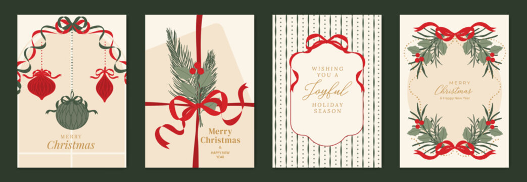 Christmas and Happy New Year greeting card vector set — cream and red classic Christmas frames with pine leaves and ribbons, festive theme for cards, posters and packaging.