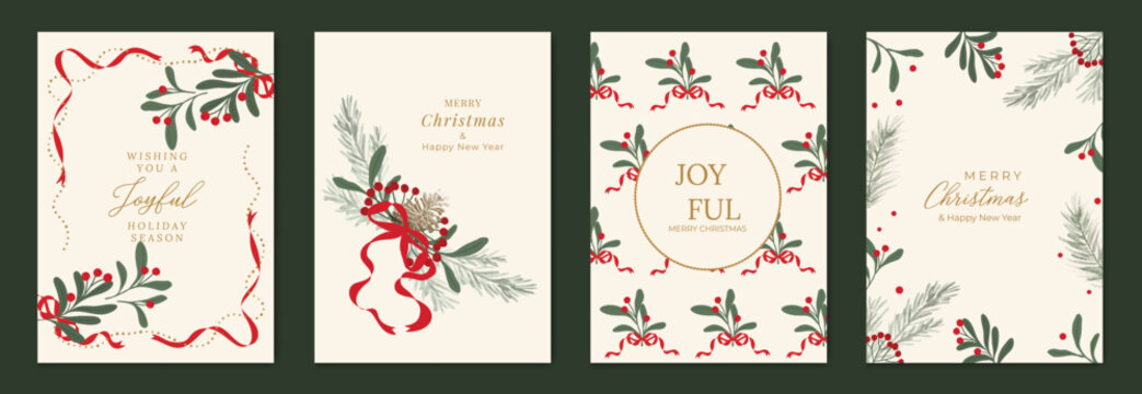 Christmas and Happy New Year greeting card vector set — cream and red botanical Christmas frames with ribbons and leaves, festive theme for cards, posters and packaging.