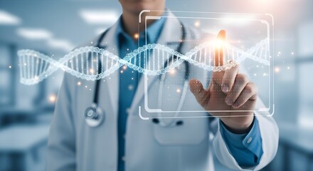 Futuristic healthcare and genomics: a doctor interacts with a glowing DNA helix on a holographic interface in an advanced lab.