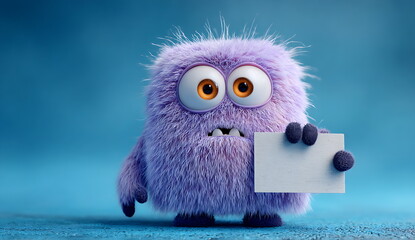 3d render of a cute purple monster character with big eyes and black arms, holding a white blank banner for advertising or mock-up,