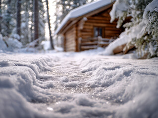 Snow-covered pathway leading to a cozy wooden cabin surrounded by frosted trees in a tranquil winter forest landscape during daylight hours